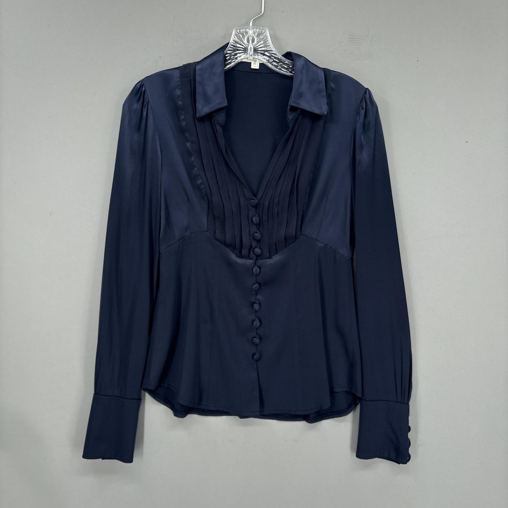 Nanette Lepore Blouse Womens 2 Navy Silk Collared Pleated Button Front Top Shirt